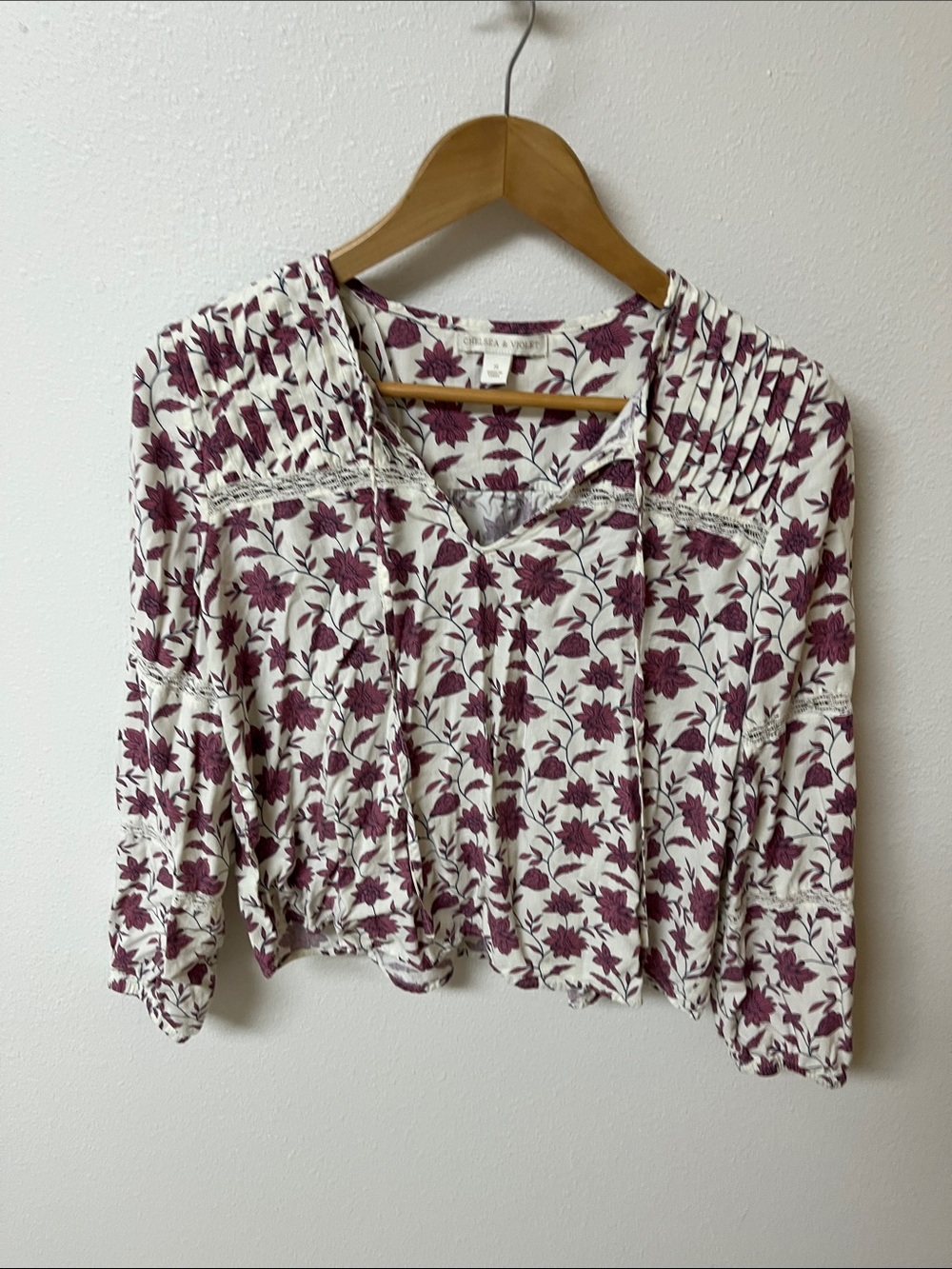 Chelsea & Violet floral  Pintuck Peasant Blouse in pink on Cream